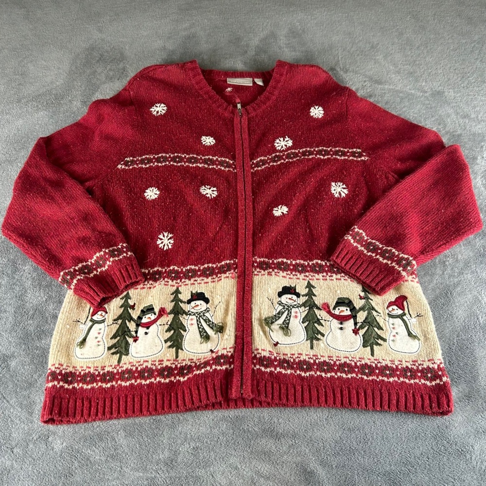 Croft & Barrow Red Snowman Christmas Zip Up Cardigan Sweater Large Holiday